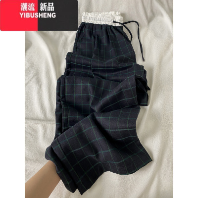 YIBUSHENG美式复古假两件格子休闲裤女季薄款2024新款宽松垂感直筒阔腿裤