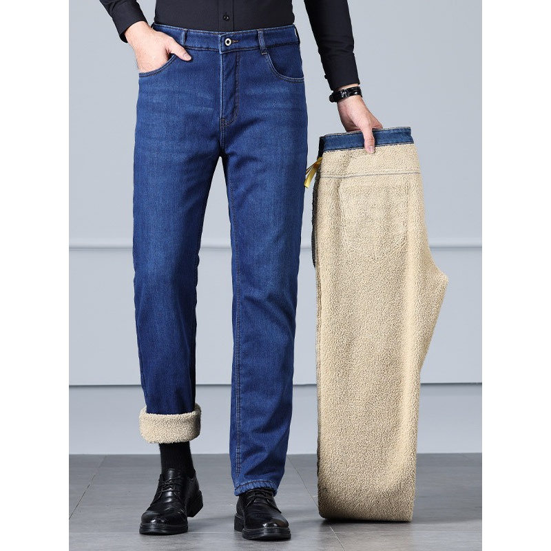 羊羔绒牛仔裤男简约百搭弹力男款裤子春秋中年商务直筒休闲裤男士