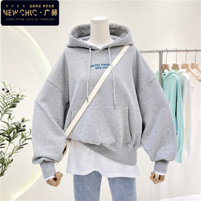 广赫韩版简约植绒小字母百搭宽松大码休闲长袖套头卫衣女春秋连帽外套卫衣