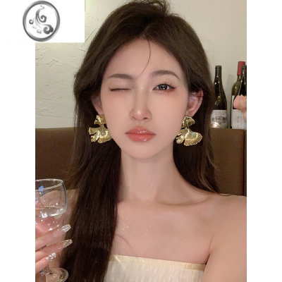 JiMi银杏叶高级感个性耳环2023新款潮小众设计感气质金属耳钉饰品耳饰