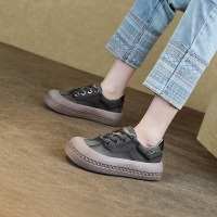 圆头复古深口单鞋女厚底系带时尚休闲鞋真皮春季女鞋中跟板鞋