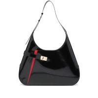 Ferragamo女款红黑亮面皮革斜挎包不对称口袋磁吸开盖多 compartment金tone