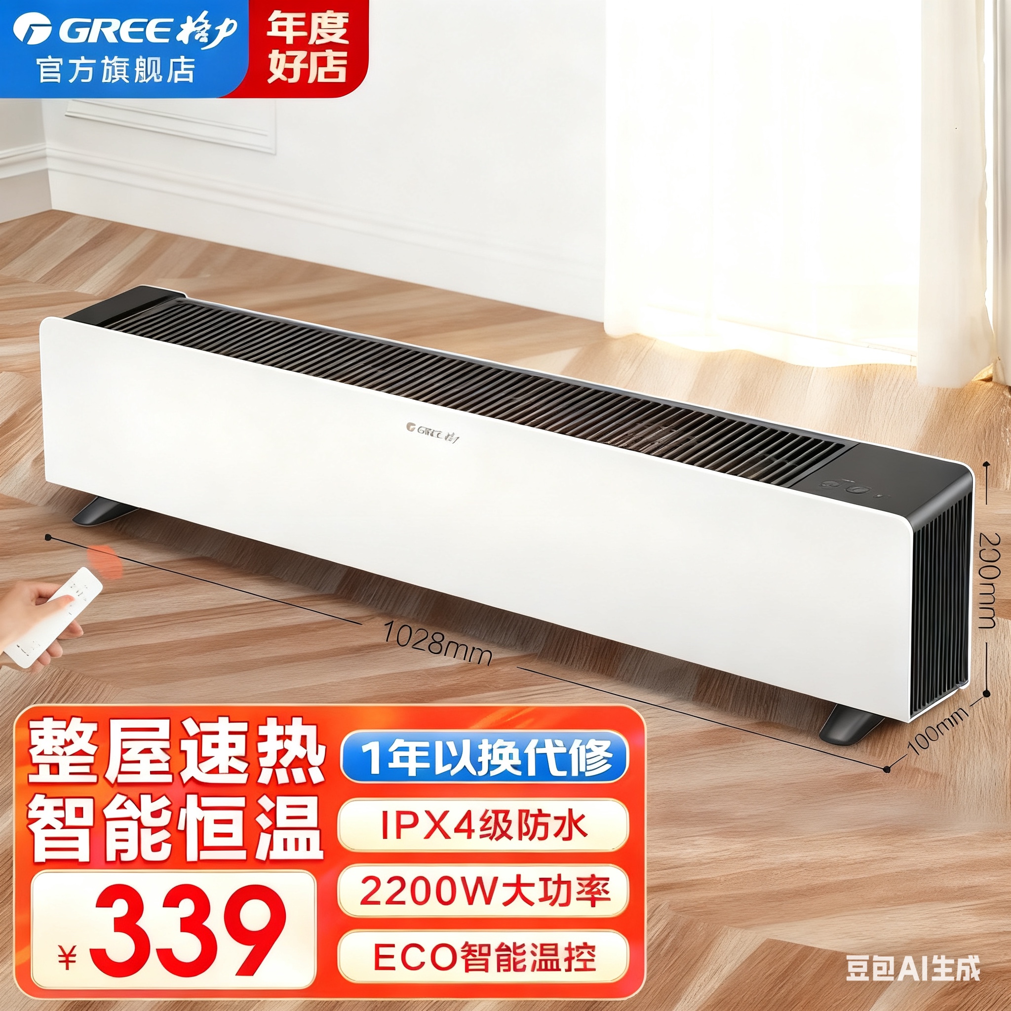 格力(GREE) 家用智能遥控移动地暖电暖气片干衣电暖器 浴室防烫IPX4防水踢脚线取暖器暖风机 NDJC-X6022B