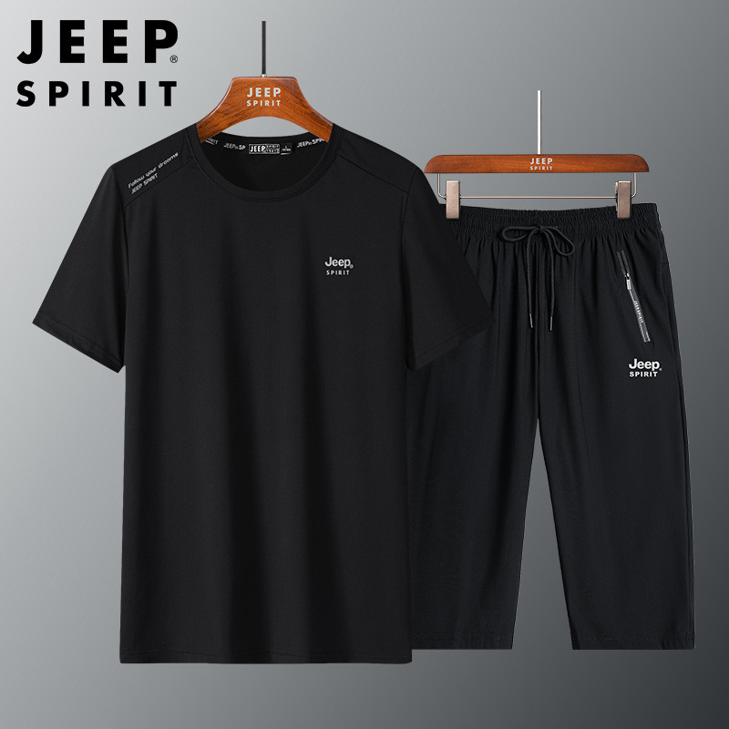 JEEP SPIRIT休闲运动套装短袖七分裤直筒宽松舒适冰丝