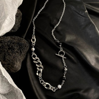 珍珠镶钻链条拼接潮小众设计OT扣钛钢项链短款毛衣链男女个性嘻哈送女朋友老婆情人节七夕生日礼物
