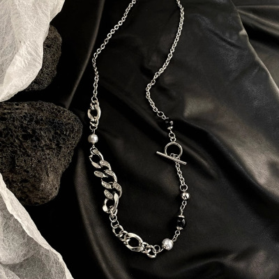 珍珠镶钻链条拼接潮小众设计OT扣钛钢项链短款毛衣链男女个性嘻哈送女朋友老婆情人节七夕生日礼物