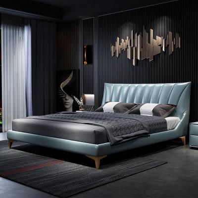 轻奢皮床双人床主卧婚床2019新款简约1.8米蓝色软床极简床真皮床