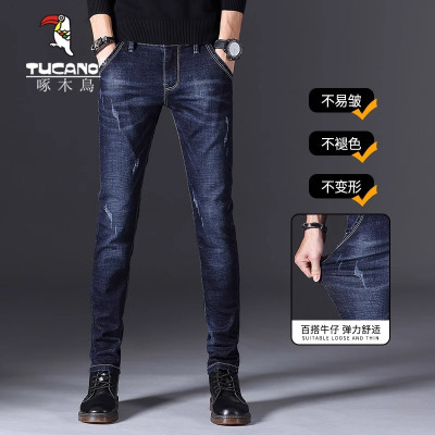 啄木鸟男士牛仔裤秋季商务休闲直筒韩版修身男裤百搭弹力长裤子男