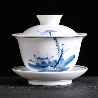 MULTIPOTENT功夫茶具三才盖碗手绘青花荷韵薄胎瓷泡茶碗