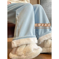 蓝色奶芙山本裤女冬季加绒加厚羊羔绒保暖棉裤高腰宽松休闲阔腿裤_543