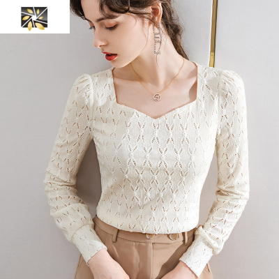 暖青汇蕾丝打底衫女装春秋2020新款复古法式锁骨方领上衣长袖内搭女小衫蕾丝衫