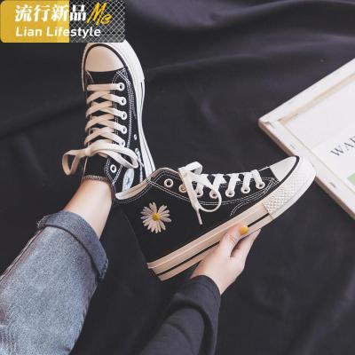 香港潮牌高帮帆布鞋女2020春季新款韩版ins潮百搭小雏菊黑色板鞋知义(ZHIYI)