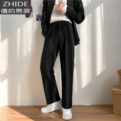 SUNTEK垂感西裤男宽松韩版潮流坠感直筒休闲黑色西服裤子学生dk西装长裤西裤