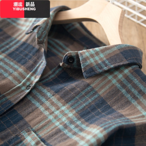 YIBUSHENG磨毛格子衬衫女复古设计感小众宽松2021年春秋装新款长袖叠穿外穿