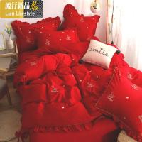 网红款婚庆四件套大红刺绣棉棉小清新备婚床上用品结婚四件套 三维工匠