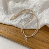 s925纯银施家珍珠蝴蝶结双层项链女轻奢小众香槟色锆石锁骨链送女朋友老婆情人节七夕生日礼物