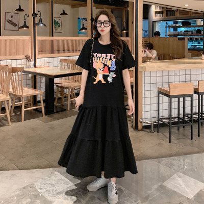 玳恩胖MM夏季新款300斤拼接过膝连衣裙女加大码240宽松短袖长款T恤女
