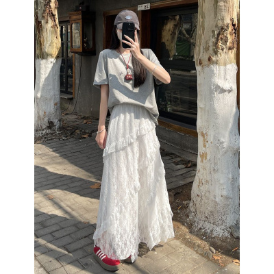 复古拼接斜纹白色蕾丝半身裙女2026早春松紧腰显瘦网纱长裙牛仔