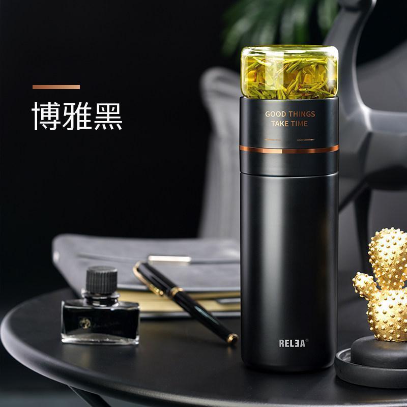 美帮汇茶水分离保温杯男泡茶杯大容量316不锈钢茶杯定制保温水杯 博雅黑