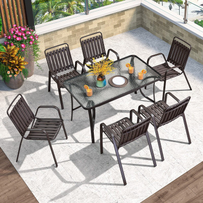 苏宁 金菲罗格 办公家具 露天户外休闲桌椅组合 6+1[玻璃长桌80x130]