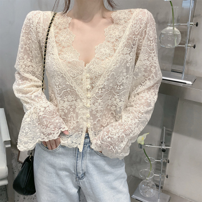 广赫V领蕾丝衫上衣设计感2020新款秋冬法式气质名媛短款长袖衬衫女潮衬衫