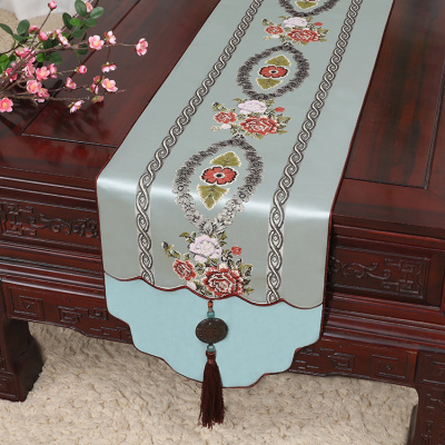 新中式古典玉桌旗茶几长条布艺中国风桌布床柜旗电视柜盖布 蓝 34*250适合桌长190-200CM