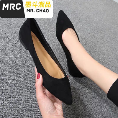 中跟(3-5厘米)鞋女粗跟上班鞋黑色2020春款职业工作鞋尖头百搭绒面单鞋墨斗潮品休闲鞋