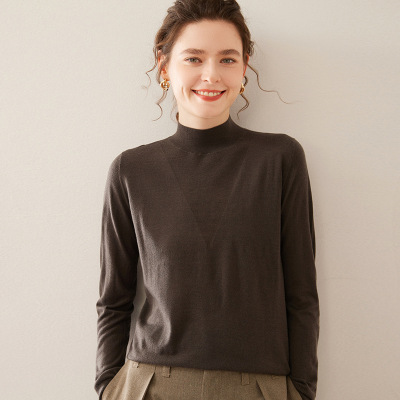 精纺薄款桑蚕丝打底衫女春夏季半高领宽松短款长袖毛衣针织打底衫