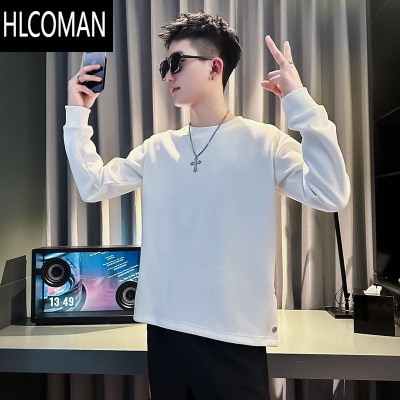 HLCOMAN网红潮牌男士卫衣2024款痞帅设计感长袖纯色圆领T恤打底衫男
