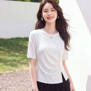 不规则捏褶收腰中袖T恤女2026年夏秋修身显瘦五分袖含羊毛打底衫