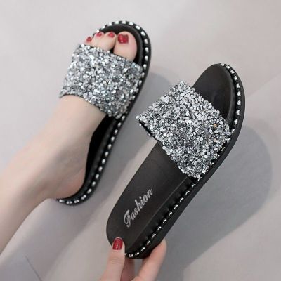 鞋女夏外穿时尚新款韩版百搭亮片凉拖厚底室外一字拖沙滩女鞋瓷里茶