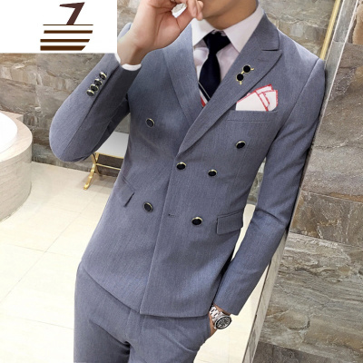 NEWLAKE男士西服套装英伦韩式修身双排扣小西装三件套婚礼服S到4XL码大码