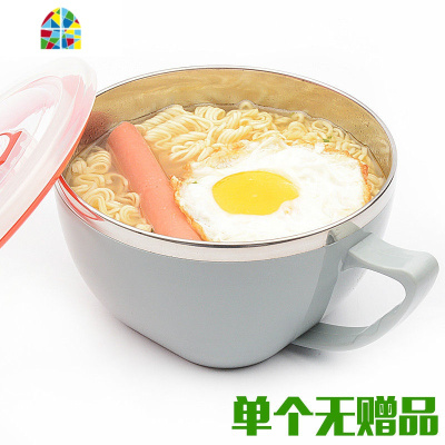 韩式304不锈钢泡面碗宿舍大容量饭盒多功能保鲜盒带盖带手柄防烫 FENGHOU 粉晶色1200ML+餐具