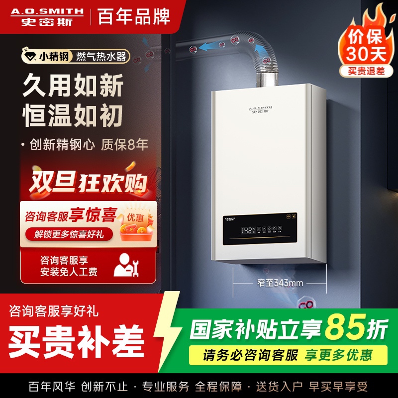 AO史密斯新品小体积16升精钢燃气热水器 JSQ31-EC3 负压燃烧更安全 精控恒温 家用持久恒温大水量