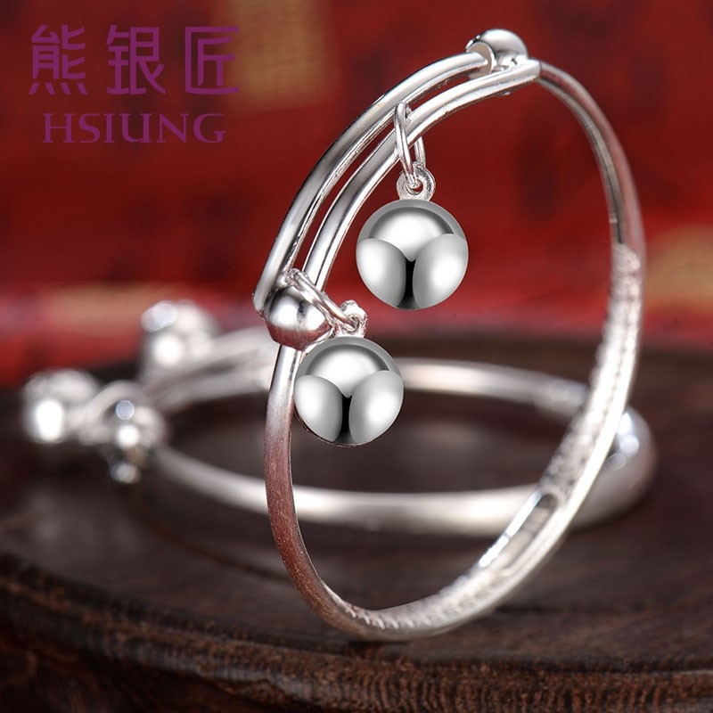 熊银匠银饰品999足银宝宝银手镯儿童镯子婴儿银手环铃铛满月礼物