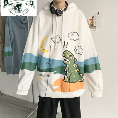 HLCOMAN春秋季恐龙卫衣男ins港风休闲卡通印花外套宽松情侣潮流连帽上衣卫衣