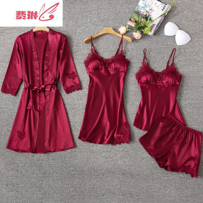 2020新款性感睡衣女冰夏季五件套装长款睡袍吊带胸垫睡裙费琳