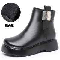 马丁靴女靴24秋冬新款欧美风牛皮羊毛里皮靴圆头厚底中筒 靴棉靴
