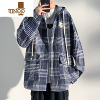 YANXU连帽潮牌男士外套休闲夹克格子百搭痞帅宽松秋季新款2023男生小众