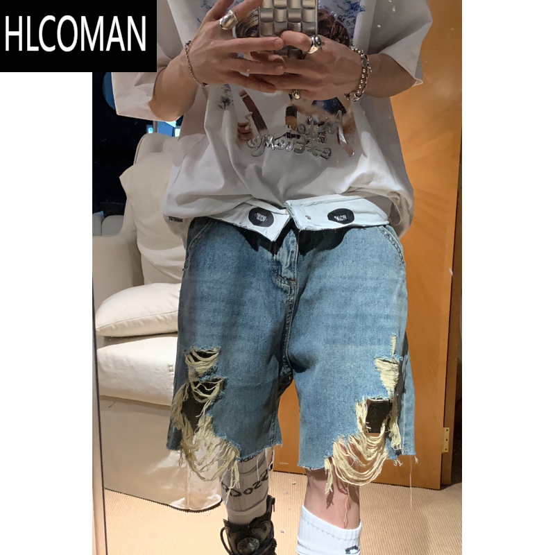 HLCOMANAhyala设计感双层乞丐破洞牛仔短裤男夏季中裤美式复古街头五分裤