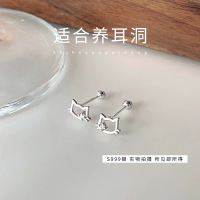 镂空猫咪耳钉纯银S999养耳洞小巧精致耳环睡觉免摘设计感耳饰批发