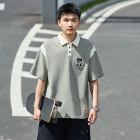 [2.5折价78元]唐狮夏季新款短袖polo衫男宽松黑色拼接上衣男带有翻领t恤学生潮