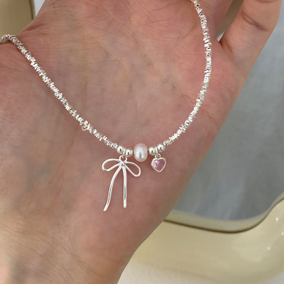 S925纯银碎银子芭蕾风蝴蝶结甜心项链女颈链可爱锁骨链小香风送女朋友老婆情人节七夕生日礼物