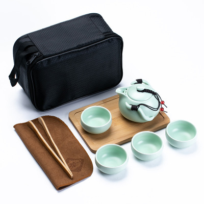 便携旅行茶具套装亚光陶瓷功夫茶具一壶四杯办公商务礼品logo定制绿色一壶四杯带茶巾茶夹茶盘便携包