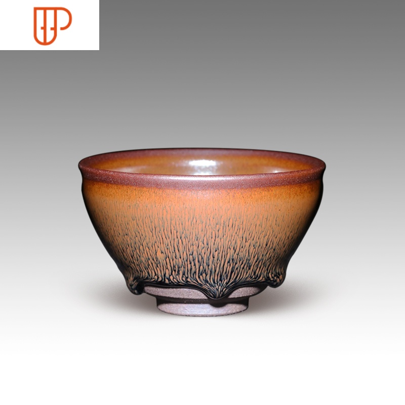 建盏茶杯叶礼旺大师手工金黄兔毫盏精品茶盏陶瓷主人杯 国泰家和 束口