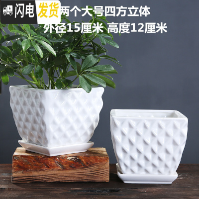 三维工匠花盆陶瓷大号欧式个性创意北欧简约塑料多肉花盆绿萝吊兰 白色两个大号四方立体 大花盆容器