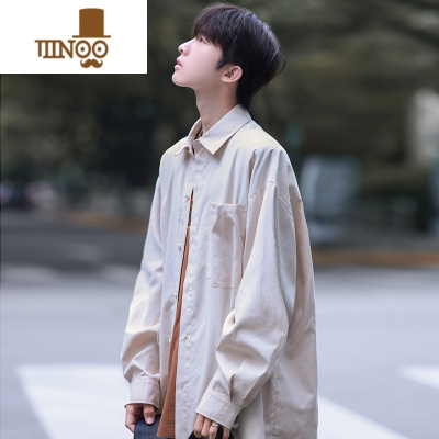 YANXU长袖衬衫男生宽松日系复古做旧港风纯色百搭潮牌休闲衬衣外套