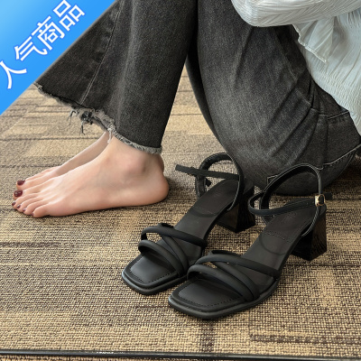 SUNTEK凉鞋女2023年新款夏季时尚百搭粗跟方跟气质温柔一字带高跟鞋夏天