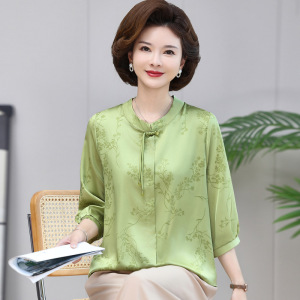 母亲节妈妈夏款复古国风短袖上衣雪纺小衫时尚绣花T恤中老年女夏