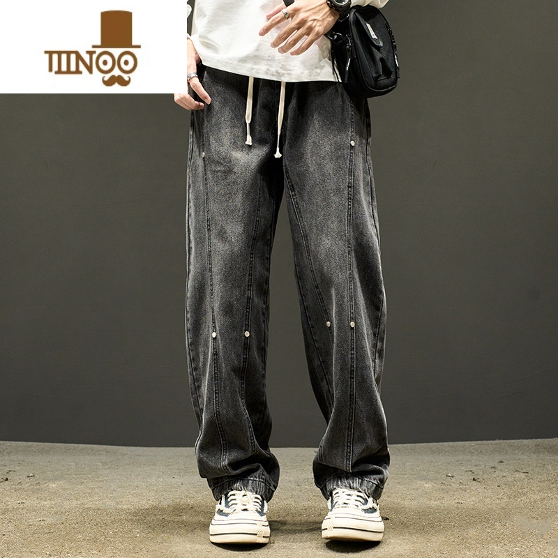 YANXU直筒牛仔裤男款美式高街痞帅潮牌水洗复古工装裤男生秋季长裤